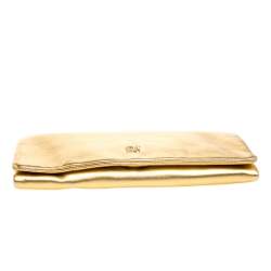 Pre Owned Carolina Herrera Gold Leather Flap Logo Clutch