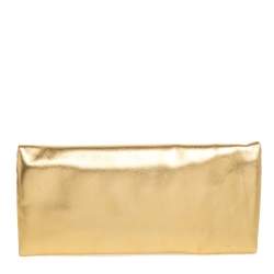 Pre Owned Carolina Herrera Gold Leather Flap Logo Clutch
