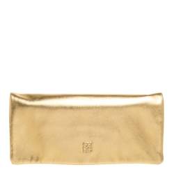 Pre Owned Carolina Herrera Gold Leather Flap Logo Clutch