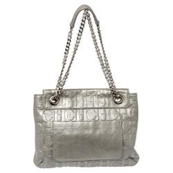 Pre Owned Carolina Herrera Silver Embossed Leather Audrey Shoulder Bag
