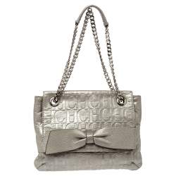 Pre Owned Carolina Herrera Silver Embossed Leather Audrey Shoulder Bag
