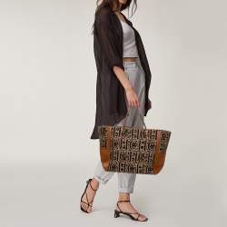 Pre Owned Carolina Herrera Black/Brown Signature Velvet and Leather Tote