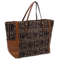 Pre Owned Carolina Herrera Black/Brown Signature Velvet and Leather Tote
