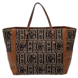 Pre Owned Carolina Herrera Black/Brown Signature Velvet and Leather Tote