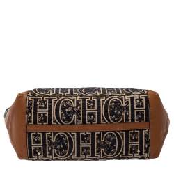 Pre Owned Carolina Herrera Black/Brown Signature Velvet and Leather Tote