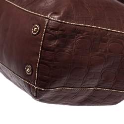 Pre Owned Carolina Herrera Dark Brown Monogram Embossed Leather Drawstring Oversized Tote