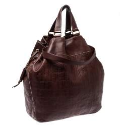 Pre Owned Carolina Herrera Dark Brown Monogram Embossed Leather Drawstring Oversized Tote