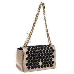 Pre Owned Carolina Herrera Light Gold Floral Embroidered Leather Flap Chain Shoulder Bag