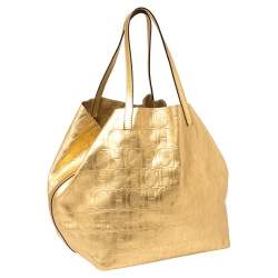 Pre Owned Carolina Herrera Gold Monogram Embossed Leather Tote