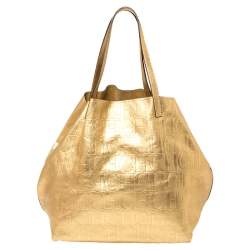 Pre Owned Carolina Herrera Gold Monogram Embossed Leather Tote