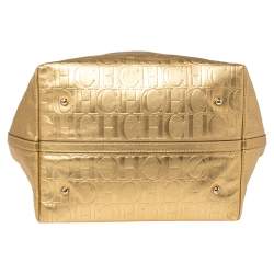 Pre Owned Carolina Herrera Gold Monogram Embossed Leather Tote