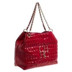 Pre Owned Carolina Herrera Red Croc Embossed Patent Leather Logo Chain Shoulder Bag