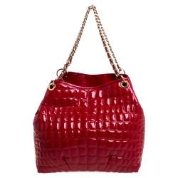 Pre Owned Carolina Herrera Red Croc Embossed Patent Leather Logo Chain Shoulder Bag