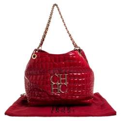 Pre Owned Carolina Herrera Red Croc Embossed Patent Leather Logo Chain Shoulder Bag