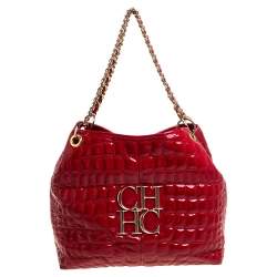 Pre Owned Carolina Herrera Red Croc Embossed Patent Leather Logo Chain Shoulder Bag