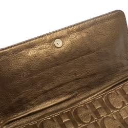 Pre Owned Carolina Herrera Gold Monogram Embossed Leather Bow Chain Clutch