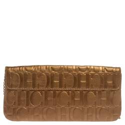 Pre Owned Carolina Herrera Gold Monogram Embossed Leather Bow Chain Clutch