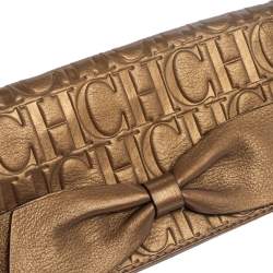 Pre Owned Carolina Herrera Gold Monogram Embossed Leather Bow Chain Clutch