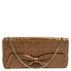 Pre Owned Carolina Herrera Gold Monogram Embossed Leather Bow Chain Clutch