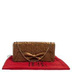 Pre Owned Carolina Herrera Gold Monogram Embossed Leather Bow Chain Clutch