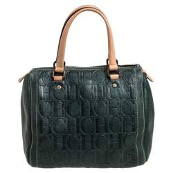Pre Owned Carolina Herrera Dark Green Monogram Leather Andy Boston Bag