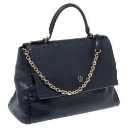 Pre Owned Carolina Herrera Navy Blue Monogram Embossed Leather Minuetto Flap Top Handle Bag