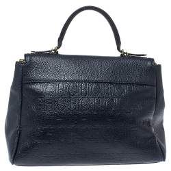 Pre Owned Carolina Herrera Navy Blue Monogram Embossed Leather Minuetto Flap Top Handle Bag