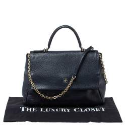 Pre Owned Carolina Herrera Navy Blue Monogram Embossed Leather Minuetto Flap Top Handle Bag