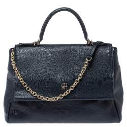 Pre Owned Carolina Herrera Navy Blue Monogram Embossed Leather Minuetto Flap Top Handle Bag