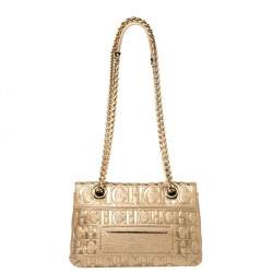 Pre Owned Carolina Herrera Gold Monogram Leather Audrey Shoulder bag