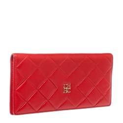 Pre Owned Carolina Herrera Preppy Red Quilted Leather Flap Wallet