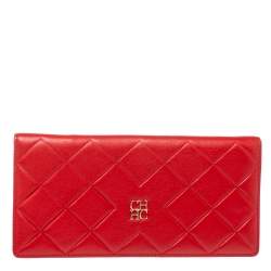 Pre Owned Carolina Herrera Preppy Red Quilted Leather Flap Wallet