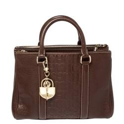 Pre Owned Carolina Herrera Dark Brown Embossed Leather Matteo Tote