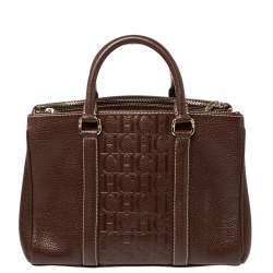 Pre Owned Carolina Herrera Dark Brown Embossed Leather Matteo Tote