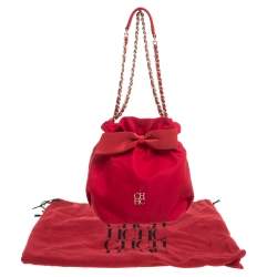 Pre Owned Carolina Herrera Red Nylon and Leather Bow Drawstring Hobo