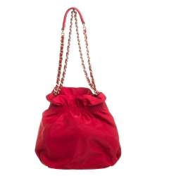 Pre Owned Carolina Herrera Red Nylon and Leather Bow Drawstring Hobo