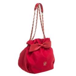Pre Owned Carolina Herrera Red Nylon and Leather Bow Drawstring Hobo