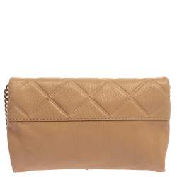 Pre Owned Carolina Herrera Beige Quilted Embossed Leather Flap Chain Clutch