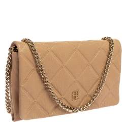 Pre Owned Carolina Herrera Beige Quilted Embossed Leather Flap Chain Clutch