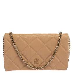 Pre Owned Carolina Herrera Beige Quilted Embossed Leather Flap Chain Clutch