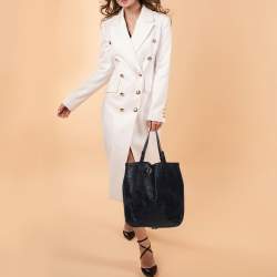 Pre Owned Carolina Herrera Navy Blue Embossed Monogram Leather Buckle Tote