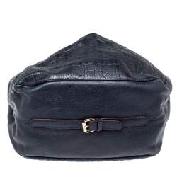 Pre Owned Carolina Herrera Navy Blue Embossed Monogram Leather Buckle Tote