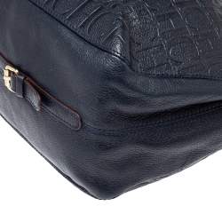 Pre Owned Carolina Herrera Navy Blue Embossed Monogram Leather Buckle Tote