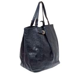 Pre Owned Carolina Herrera Navy Blue Embossed Monogram Leather Buckle Tote