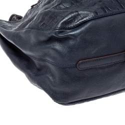 Pre Owned Carolina Herrera Navy Blue Embossed Monogram Leather Buckle Tote