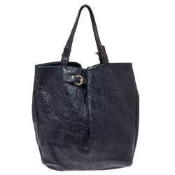 Pre Owned Carolina Herrera Navy Blue Embossed Monogram Leather Buckle Tote