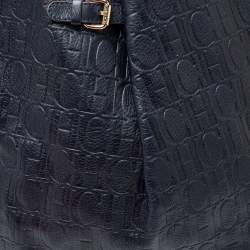 Pre Owned Carolina Herrera Navy Blue Embossed Monogram Leather Buckle Tote