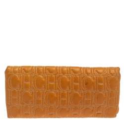 Pre Owned Carolina Herrera Mustard Monogram Embossed Leather Flap Clutch