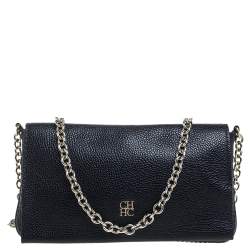 Pre Owned Carolina Herrera Navy Blue Leather Flap Crossbody Bag