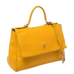 Pre Owned Carolina Herrera Yellow Leather Minuetto Flap Top Handle Bag